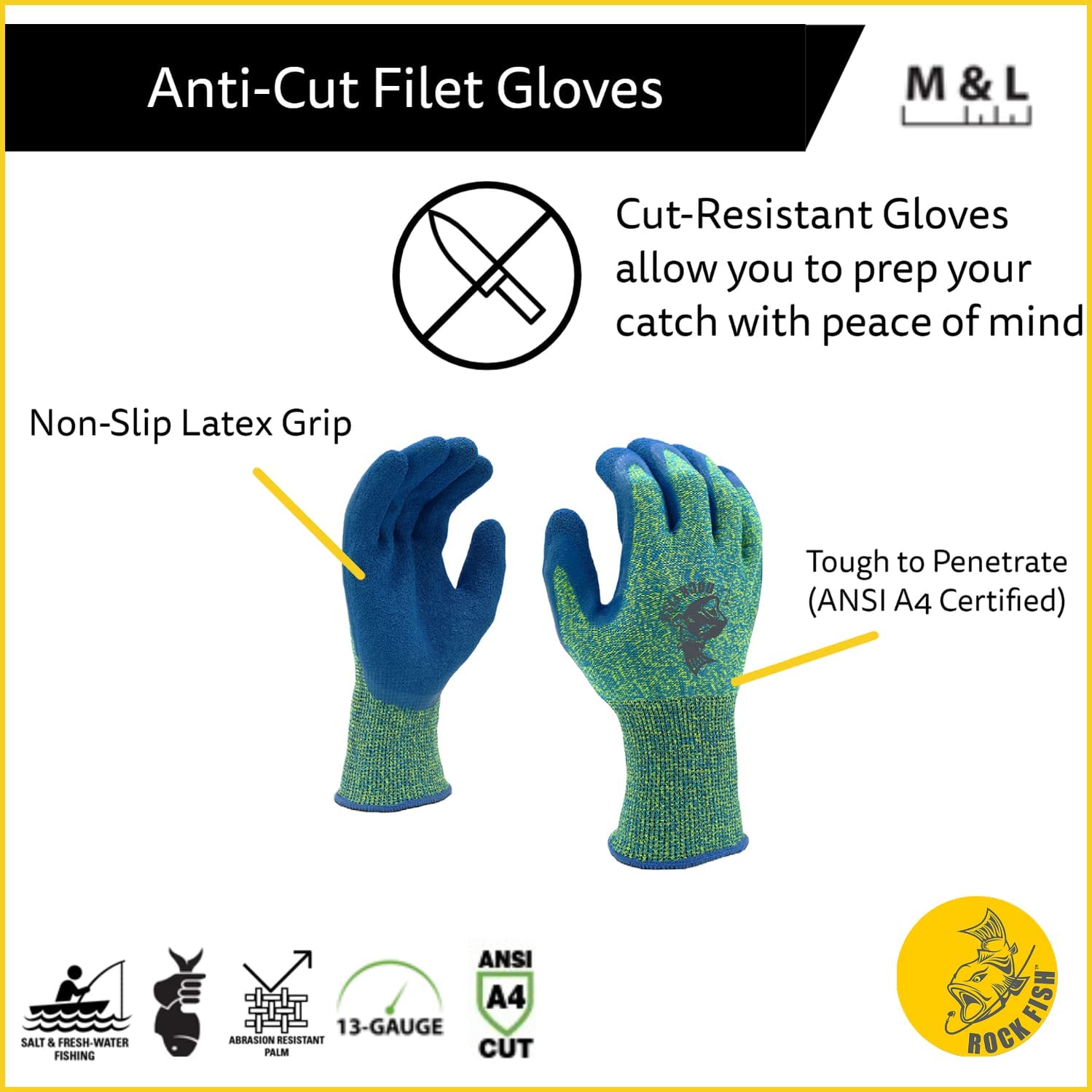 Cut-Resistant Fishing Gloves, ANSI Cut Level A4, for Fish Fileting Large / 10-Pack