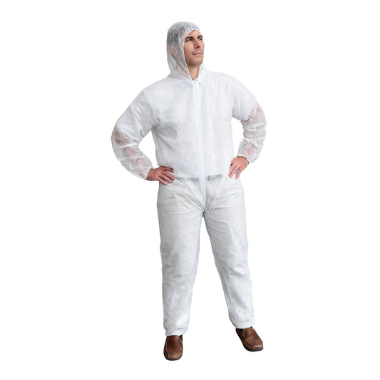 Light Disposable Polypropylene Coveralls with Hood, Bulk 25-Pack