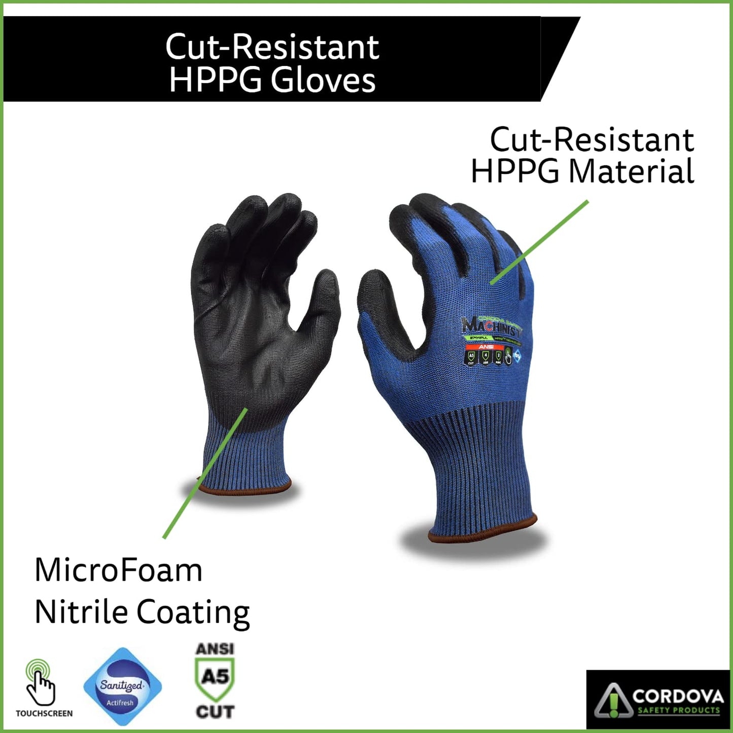 HPPG Cut-Resistant Gloves with Polyurethane Coating, ANSI Cut Level A5