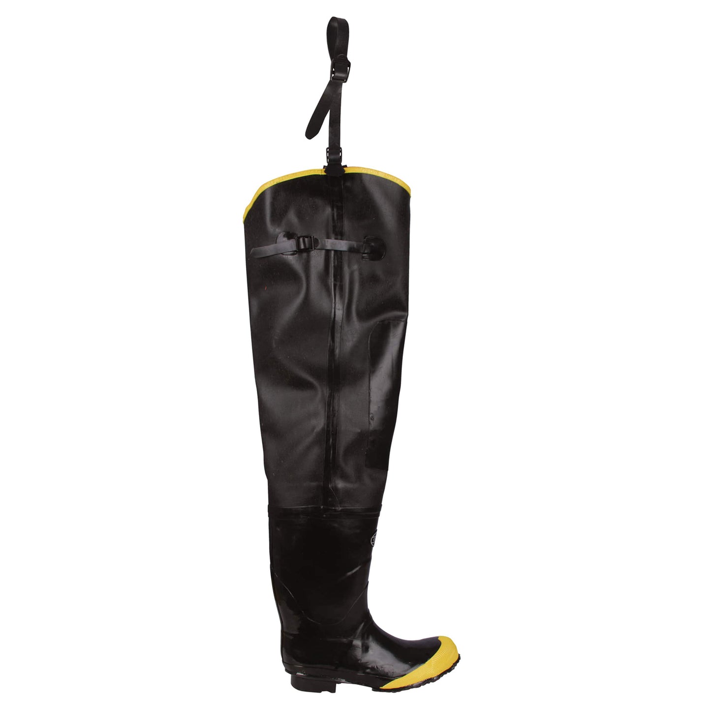 Black Hip Boots with Adjustable Straps, Steel Toe & Shank, Cotton Lined, 36-Inch Length